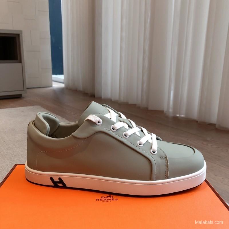 2025 Men Hermès Sage Green Leather Sneakers AS00380