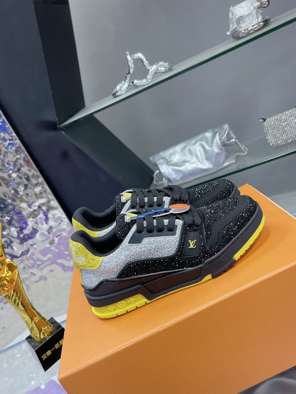 2025 Unisex Louis Vuitton Black Grey Yellow Leather Fabric Plimsolls Handcrafted Rhinestone AS00400