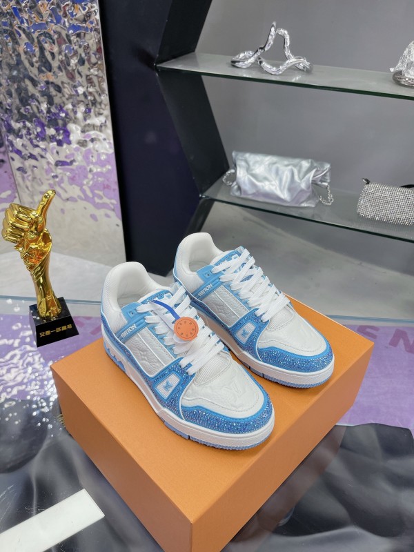 2025 Unisex Louis Vuitton Light Blue White Leather Denim Plimsolls Hand Drilled AS00400