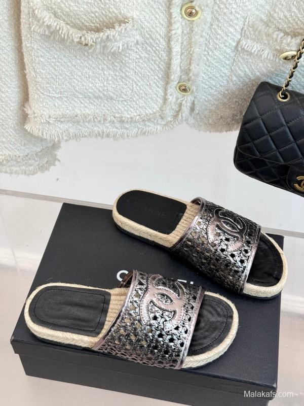 2025 Women Chanel Black Metallic Leather Slippers Hollow Weave KFY00240