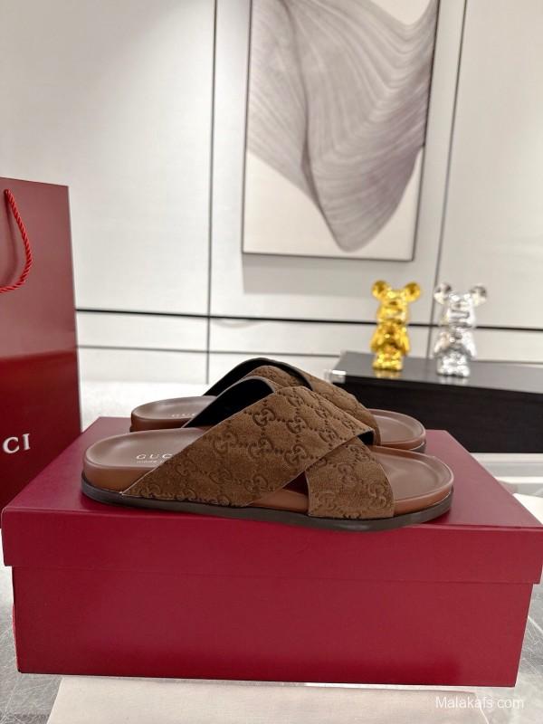 2025 Women Gucci Brown Suede Slippers GG Embossed AS00240