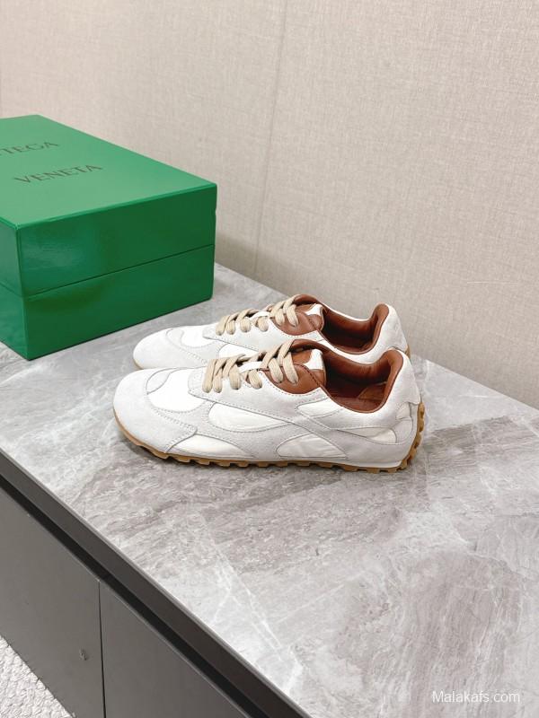 2025 Unisex Bottega Veneta White Nylon Suede Sneakers Woven Pattern KFY00290