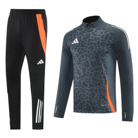 2025 Adidas Dark Grey & Black with Leopard Print Pattern and Orange Accents Half Zipper Jacket +Long Pants