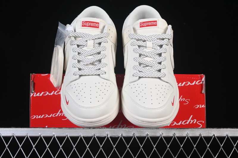 Nike SB Dunk Low Supreme Collaboration Off-White Red Swoosh Low-Top Casual Skate Shoes - CS1688-109