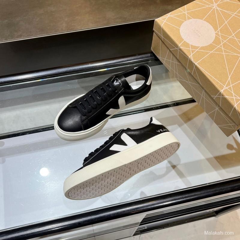 VEJA Classic White Sneakers V Logo Lace-Up Retro Flat Platform Casual Sports Shoes - LY00220