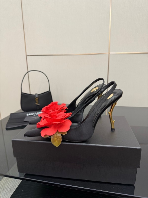 Saint Laurent 2025 SS Rose Thorn High Heels with Sculptural Gold Heel - KFY00320