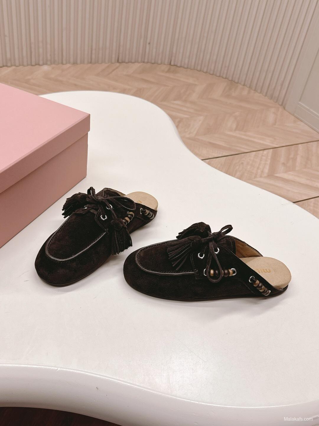 Miu Miu Fall/Winter 2025 Tassel Loafer Mule with Bead Accents - LY00320