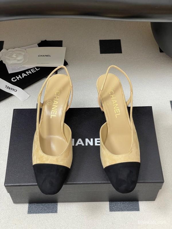 Chanel Sling-back Two-Tone Suede Slingback Sandals Flat/Block Heel - KFY00280