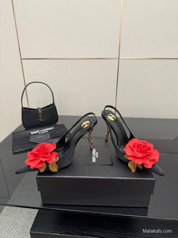 Saint Laurent 2025 SS Rose Thorn High Heels with Sculptural Gold Heel - KFY00320