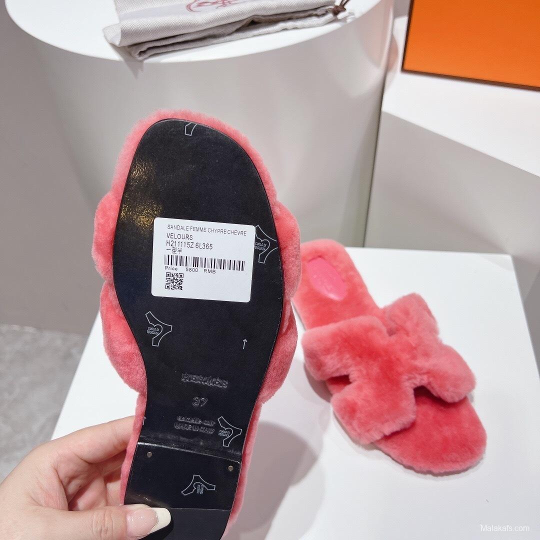 Hermès Teddy Wool H Slippers Flat Sole Fur Slides - LY00240