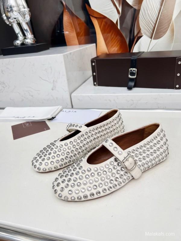 Alaia 2025/SS Crystal-Studded Ballet Flats with Built-in 0.8CM Height Increase - LY00340