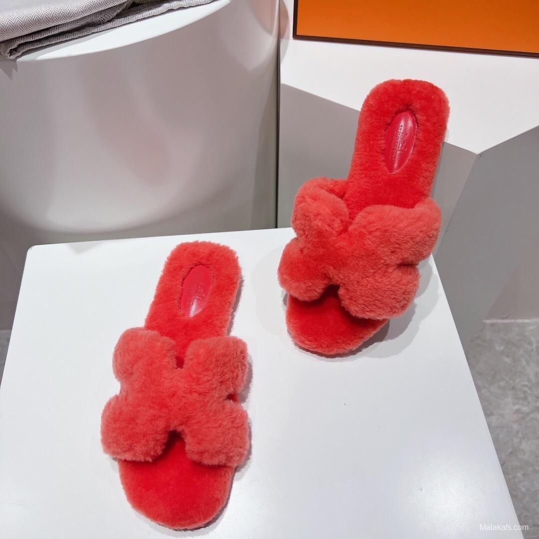 Hermès Teddy Wool H Slippers Flat Sole Fur Slides - LY00240