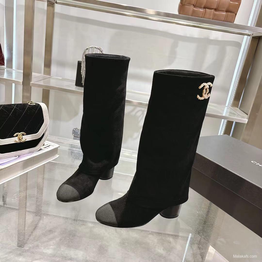 Chanel 2025/SS Small Fragrance Autumn Winter Runway Turned-Cuff Block Heel Straight Leg Boots - LY00510