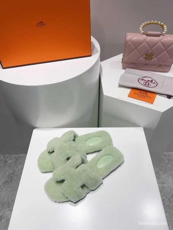 H Teddy Wool H Slippers Flat Sole Winter Edition - LY00240