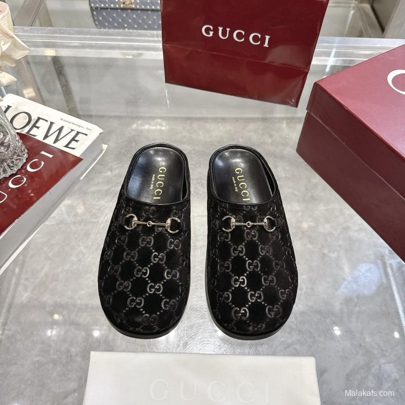 Gucci Camel Suede GG Embossed Horsebit Mule Sandals - LY00240