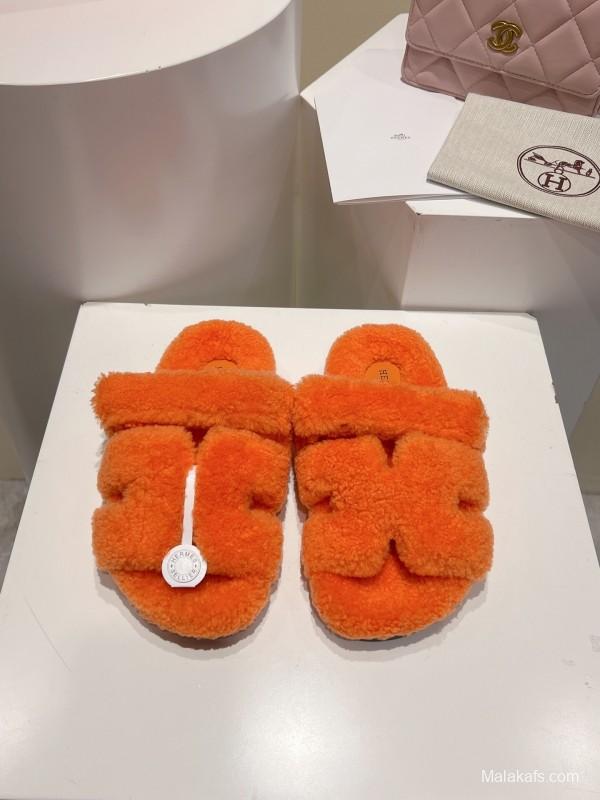 H Love Erjiu Full Wool Slippers with Wavy Fur Design - LY00270