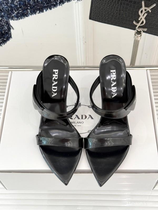 Prada Pointed Toe High Heel Sandals with Triangle Buckle - KFY00280