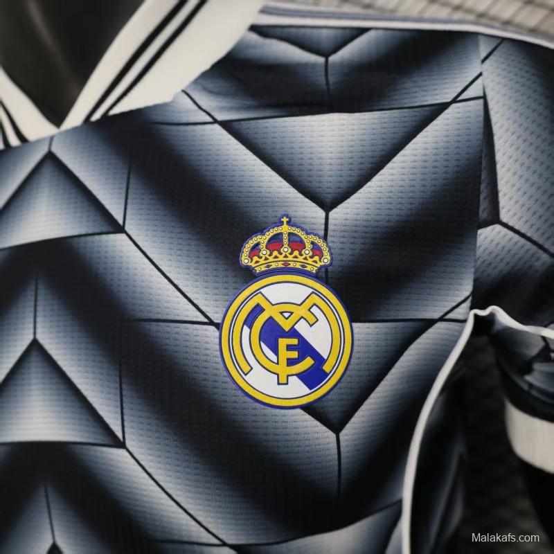 Player Version  1988/89 Real Madrid Third Navy Blue with 3D Geometric Chevron Pattern Jersey