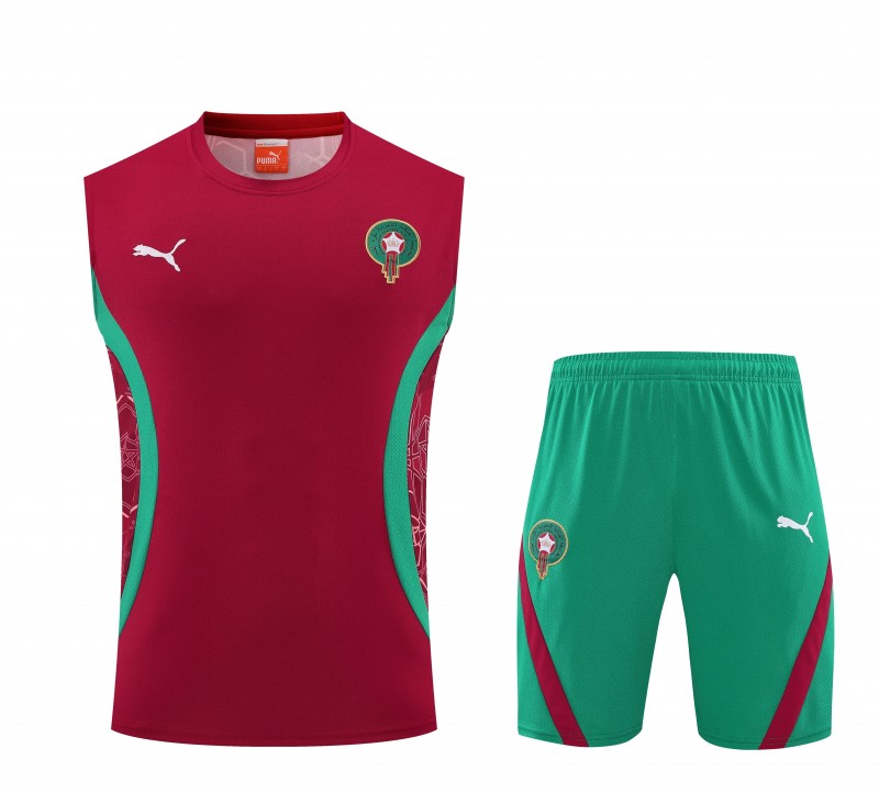 26/27 Morocco Red Sleeveless Training Vest +Green Shorts Set