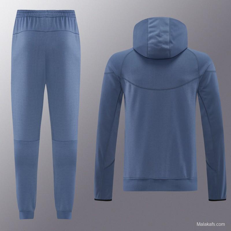 26/27  Paris Saint-Germain Steel Blue Full Zipper Hooded Jacket Tracksuit + Long Pants