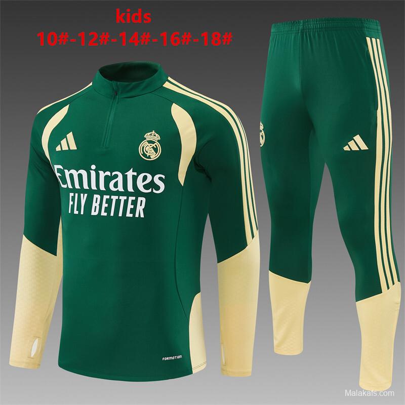 2026 Kids Real Madrid Green & Cream  Half Zipper Jacket Tracksuit + Long Pants