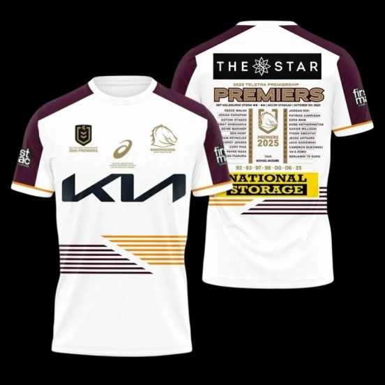 25/26 Brisbane Broncos White with Maroon Sleeves and Diagonal Geometric Stripes  Champion Jersey