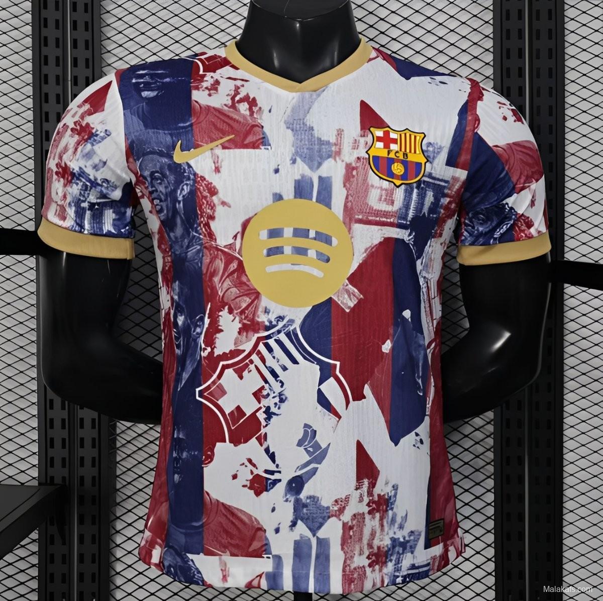 25/26 Player Version Barcelona White with Red Blue Abstract Art Jersey