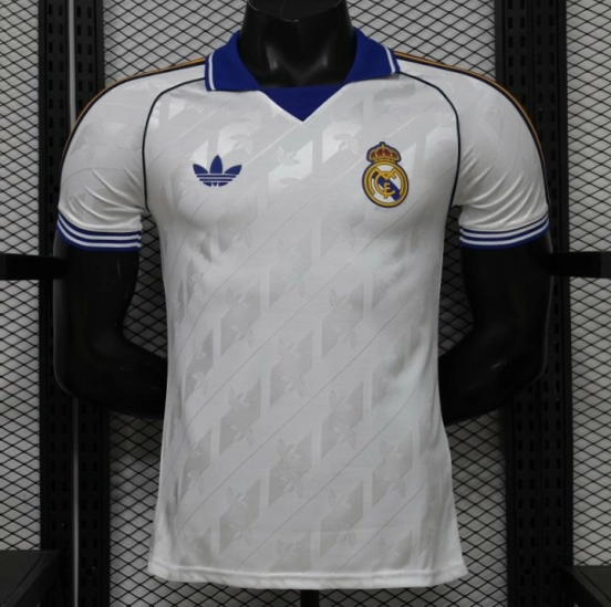 Player Version 26/27 Real Madrid Home White with Blue Collar & Jacquard Pattern Jersey